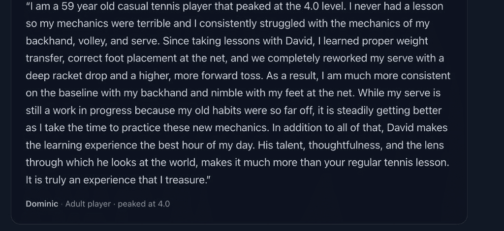 Written testimonial from Dominic S, 4.0 USTA