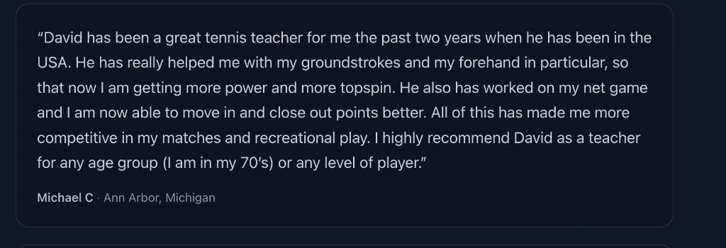 Written testimonial from Michael C, 3.5 USTA